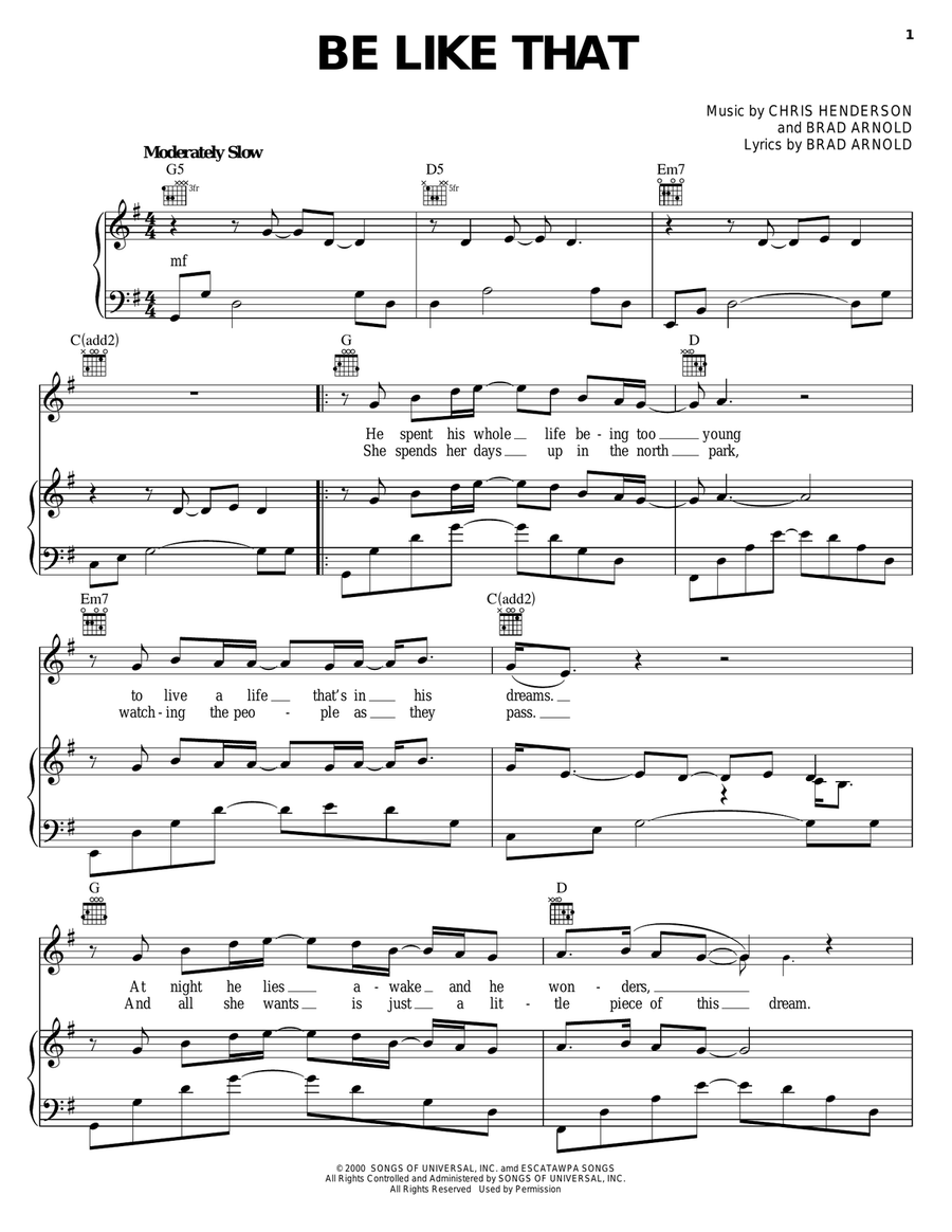 Be Like That Piano, Vocal, Guitar scores gallery preview page 1