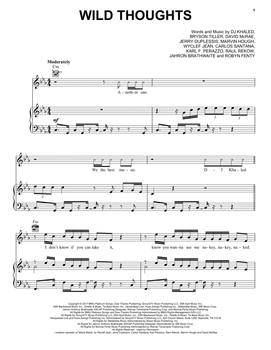 Wild Thoughts (feat. Rihanna & Bryson Tiller) Piano, Vocal, Guitar scores gallery preview page 1