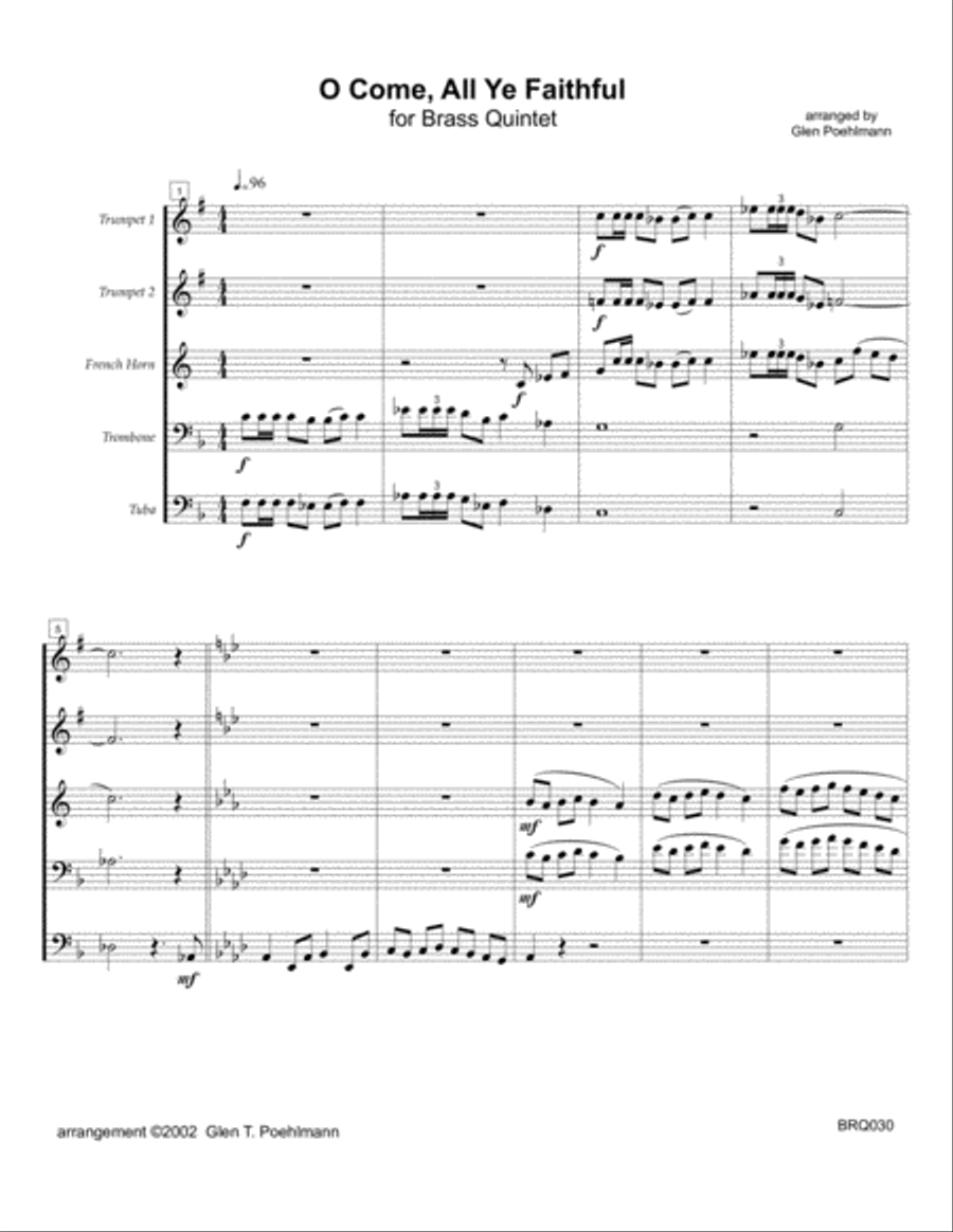 O COME ALL YE FAITHFUL - BRASS QUINTET with optional Handbells (3 octave) 3-Octaves scores gallery preview page 1