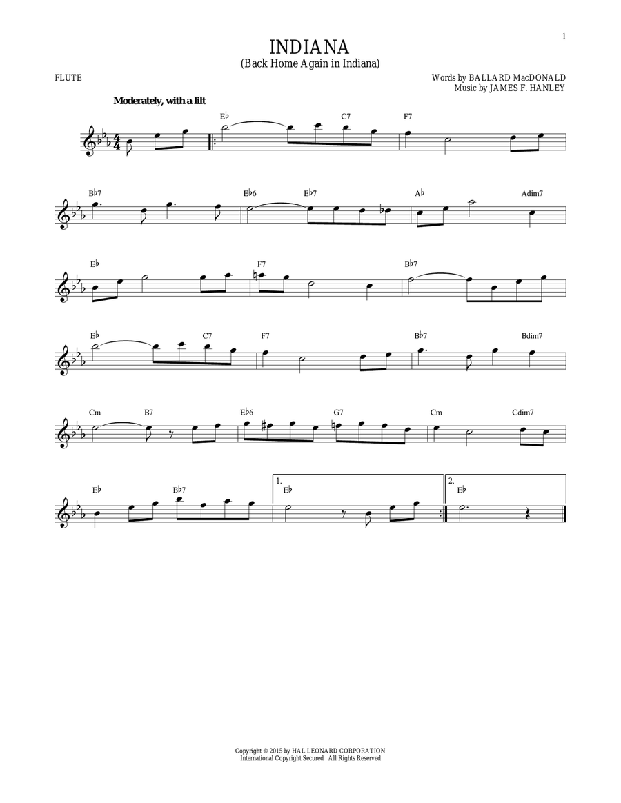 Indiana (Back Home Again In Indiana) Flute Solo scores gallery preview page 1