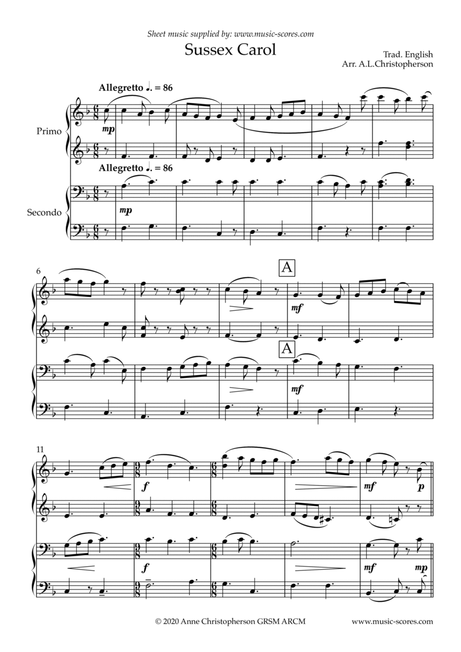 The Sussex Carol - Piano Duet Piano Duet scores gallery preview page 1