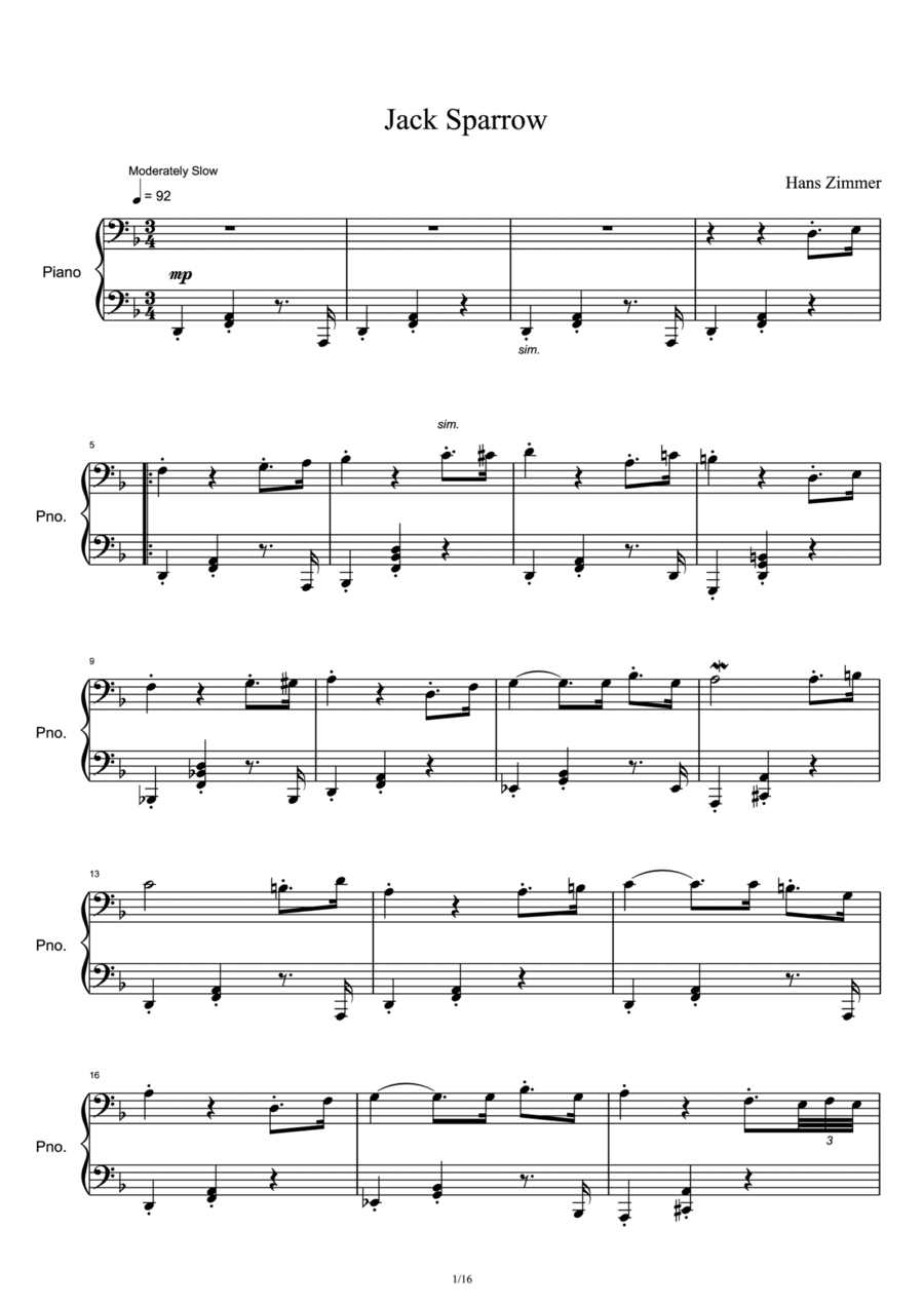 Jack Sparrow Piano Solo scores gallery preview page 1