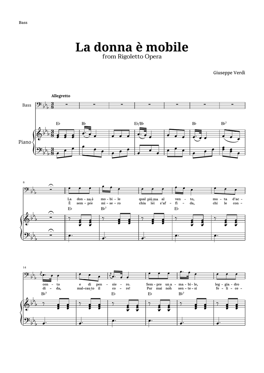 La donna è mobile in E-flat major for Bass and Piano Piano, Vocal scores gallery preview page 1