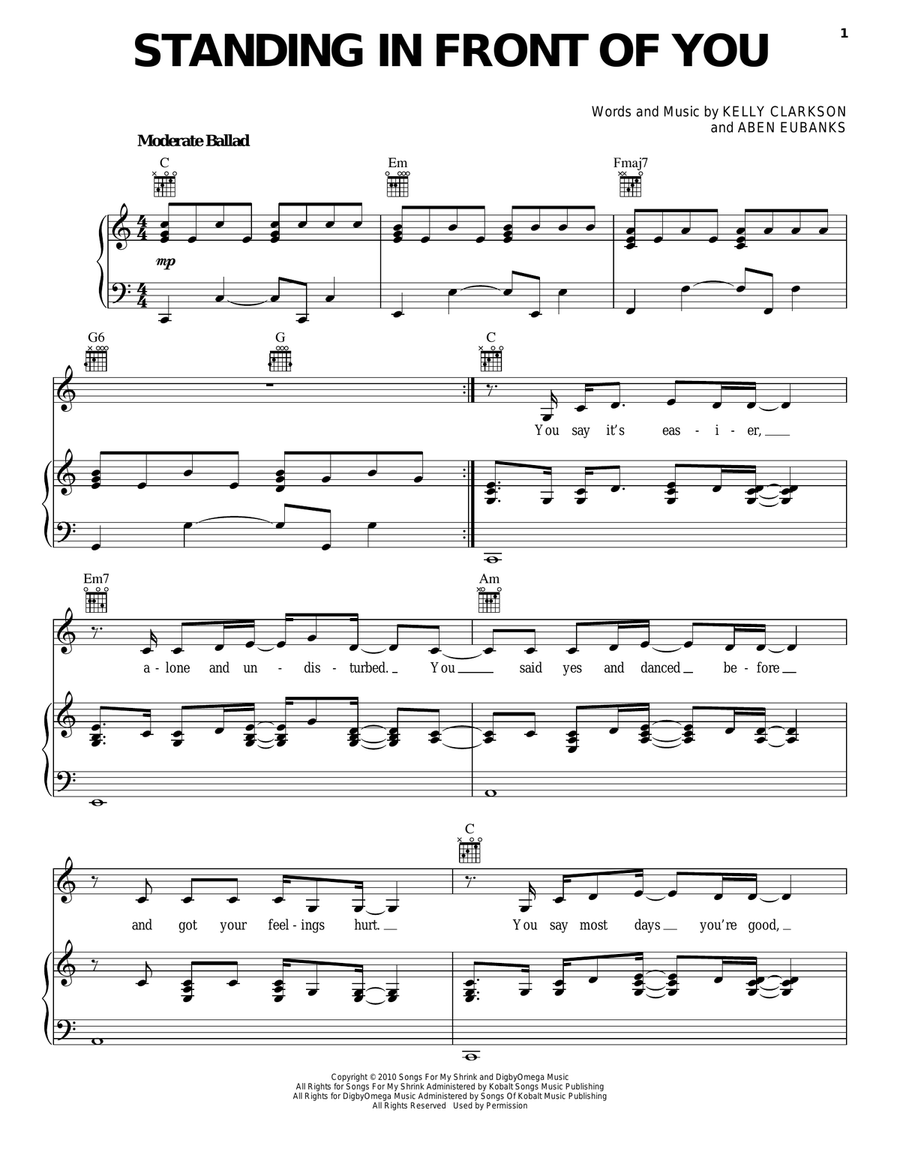 Standing In Front Of You Piano, Vocal, Guitar scores gallery preview page 1