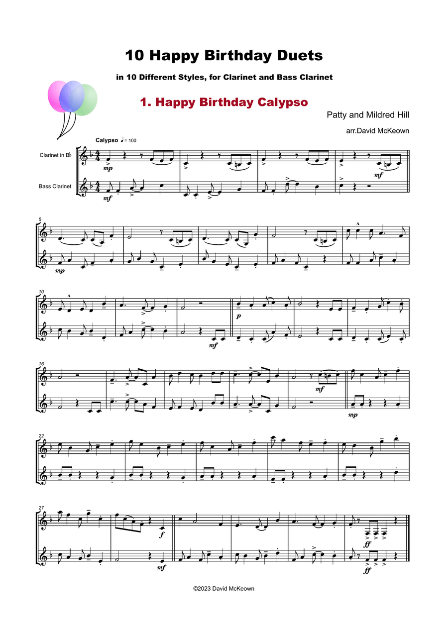 10 Happy Birthday Duets, (in 10 Different Styles), for Clarinet and Bass Clarinet Clarinet Duet scores gallery preview page 2