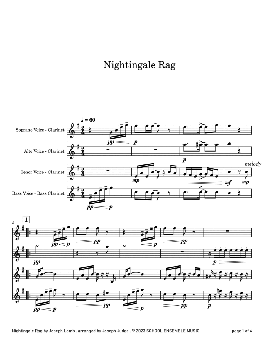 Nightingale Rag by Joseph Lamb for Clarinet Quartet in Schools Clarinet Quartet scores gallery preview page 1