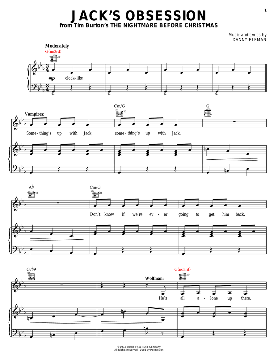 Jack's Obsession (from The Nightmare Before Christmas) Piano, Vocal, Guitar scores gallery preview page 1