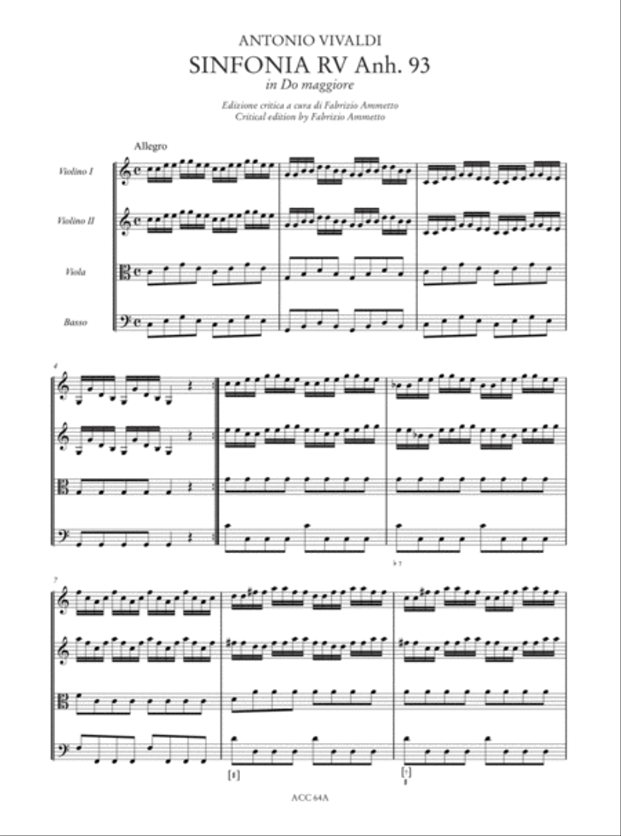 Sinfonia RV Anh. 93 in C Major - Sinfonia RV Anh. 85 in A Major for 2 Violins, Viola and Basso. Critical Edition Orchestra scores gallery preview page 2