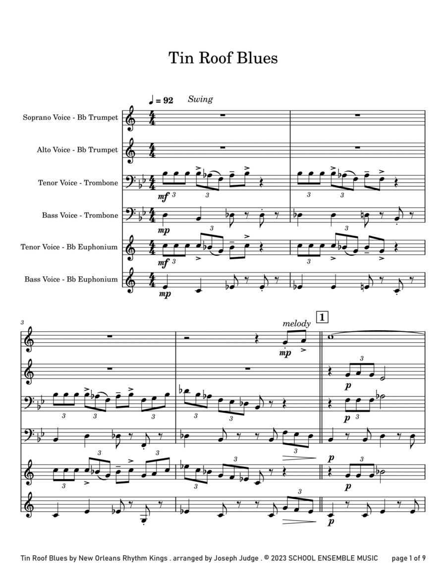 Tin Roof Blues by the Kings for Brass Quartet in Schools Brass Quartet scores gallery preview page 1