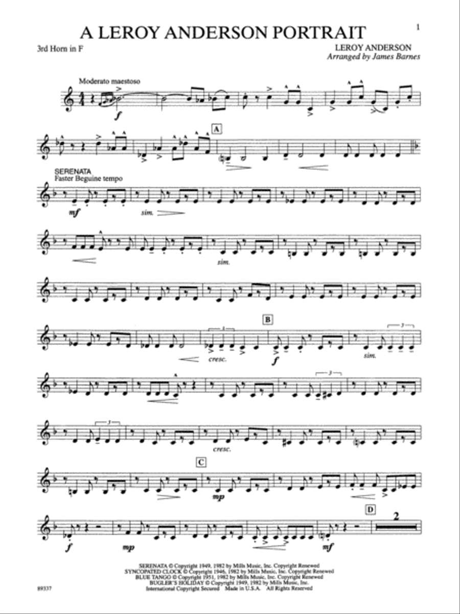 Leroy Anderson Portrait: 3rd F Horn Concert Band scores gallery preview page 1