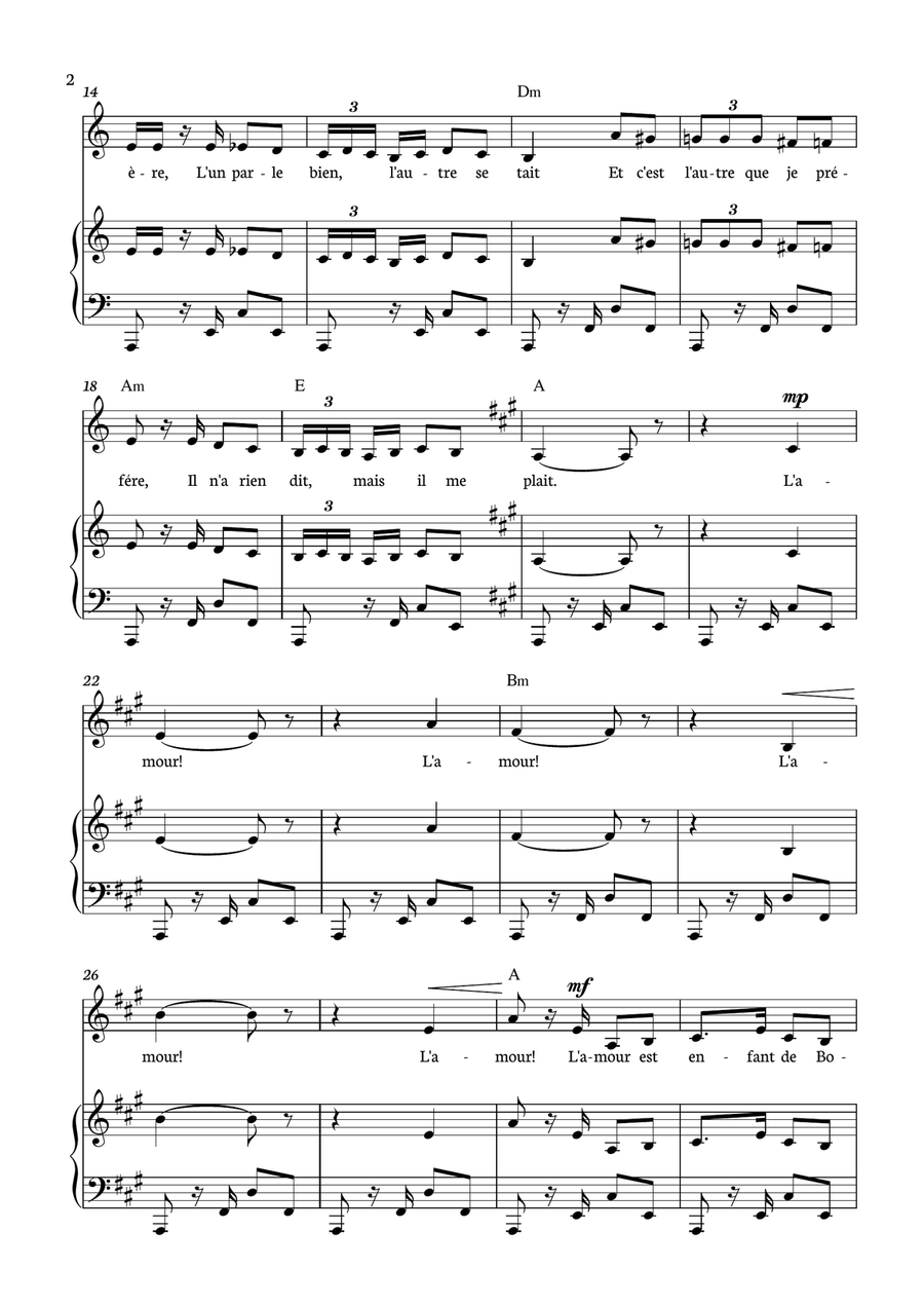 Habanera - Carmen for piano, chords and voice in A minor. Piano, Vocal scores gallery preview page 2