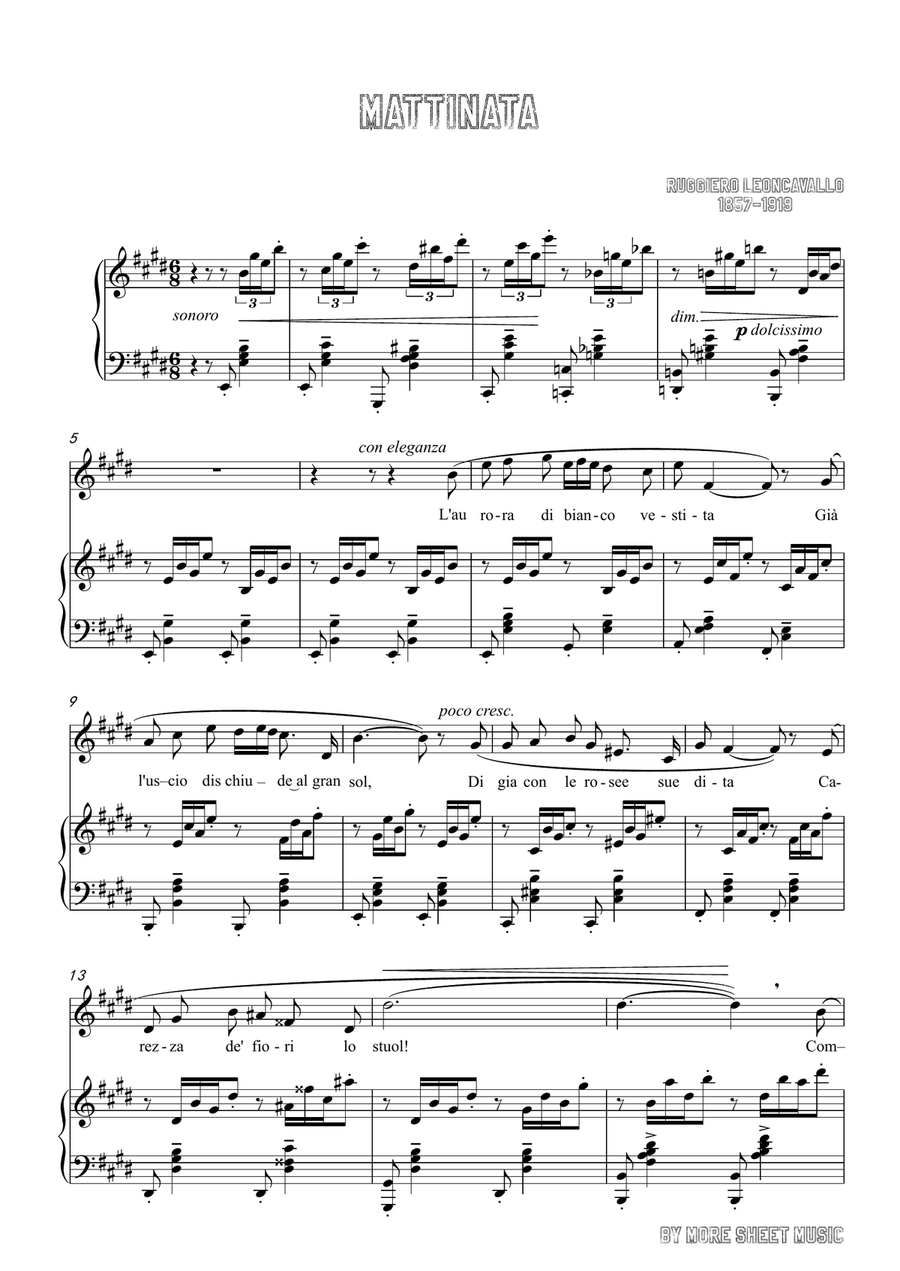Leoncavallo-Mattinata in E Major,for Voice and Piano Piano, Vocal scores gallery preview page 3