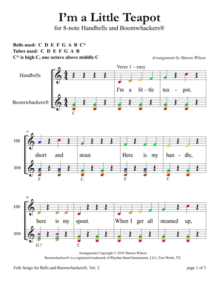 “I'm a Little Teapot” for 8-note Bells and Boomwhackers® (with Color Coded Notes) image number null