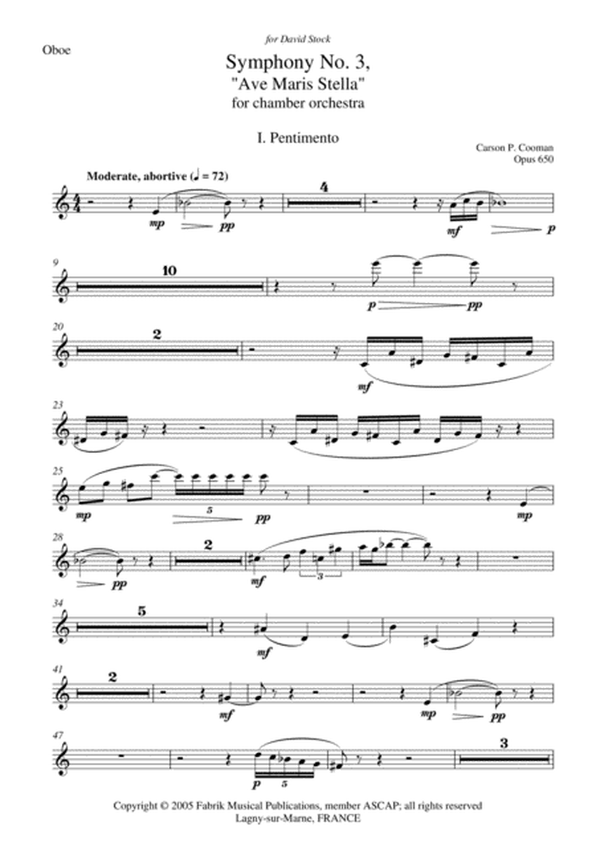 Carson Cooman: Symphony No. 3, “Ave Maris Stella” (2005) for chamber orchestra, oboe part