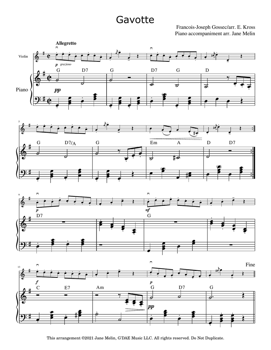 Gossec - Gavotte for Violin and Piano - Simplified Piano Accompaniment Violin Solo scores gallery preview page 2