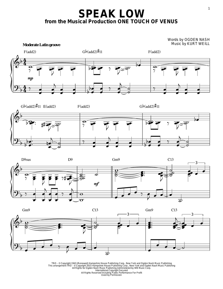 Speak Low [Jazz version] (arr. Brent Edstrom) Piano Solo scores gallery preview page 1