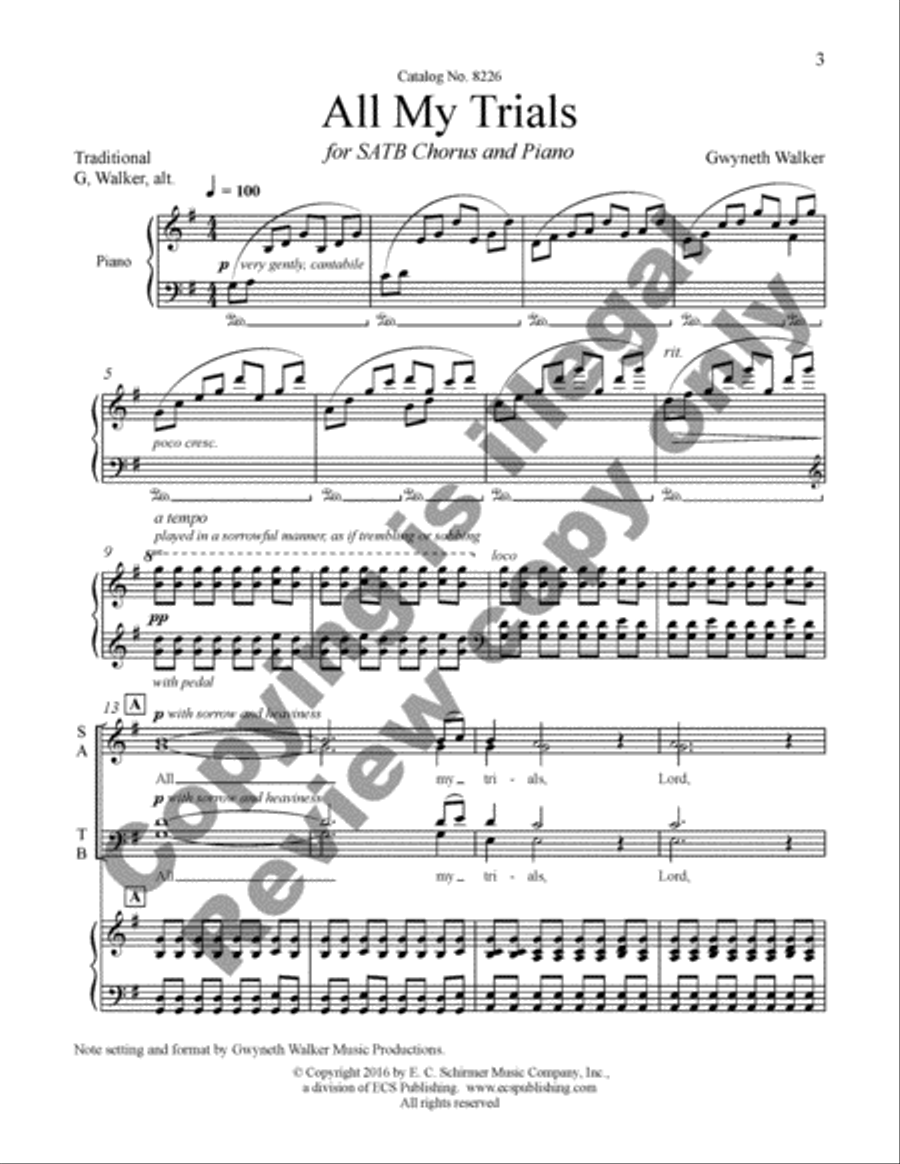 Gospel Songs: All My Trials (Piano/Choral Score) image number null