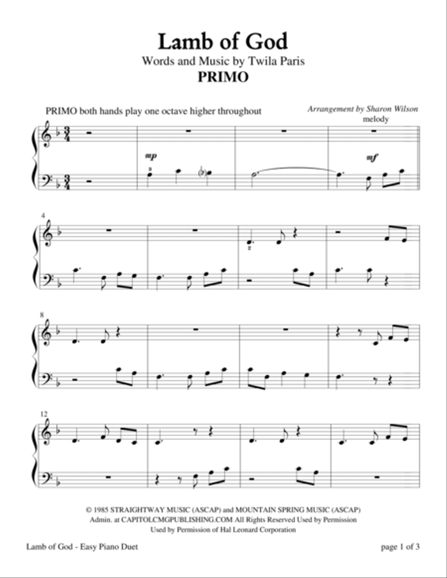 Lamb Of God 1 Piano, 4-Hands scores gallery preview page 1
