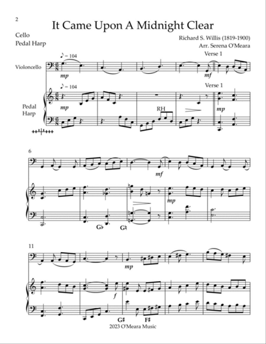 It Came Upon A Midnight Clear, Duet for Cello & Pedal Harp String Duet scores gallery preview page 2