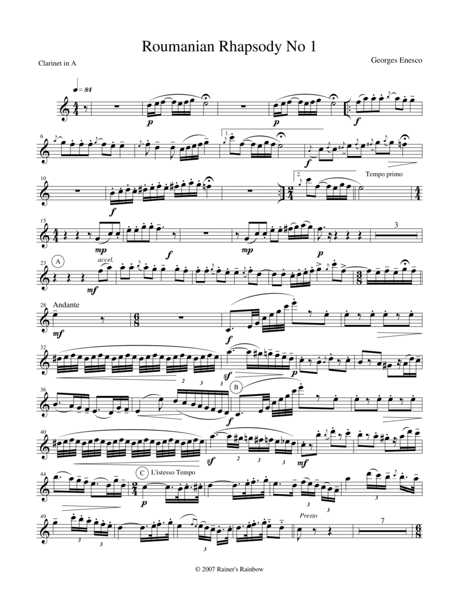 Enescu 1901 Op 11 No 1 Romanian Rhapsody in A for Clarinet Violin & Piano optional String Bass Small Ensemble scores gallery preview page 1