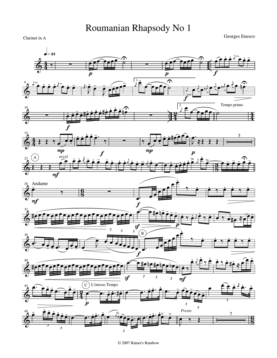 Enescu 1901 Op 11 No 1 Romanian Rhapsody in A for Clarinet Violin & Piano optional String Bass