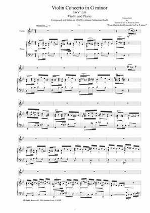Book cover for Bach - Violin Concerto in G minor BWV 1056 for Violin and Piano