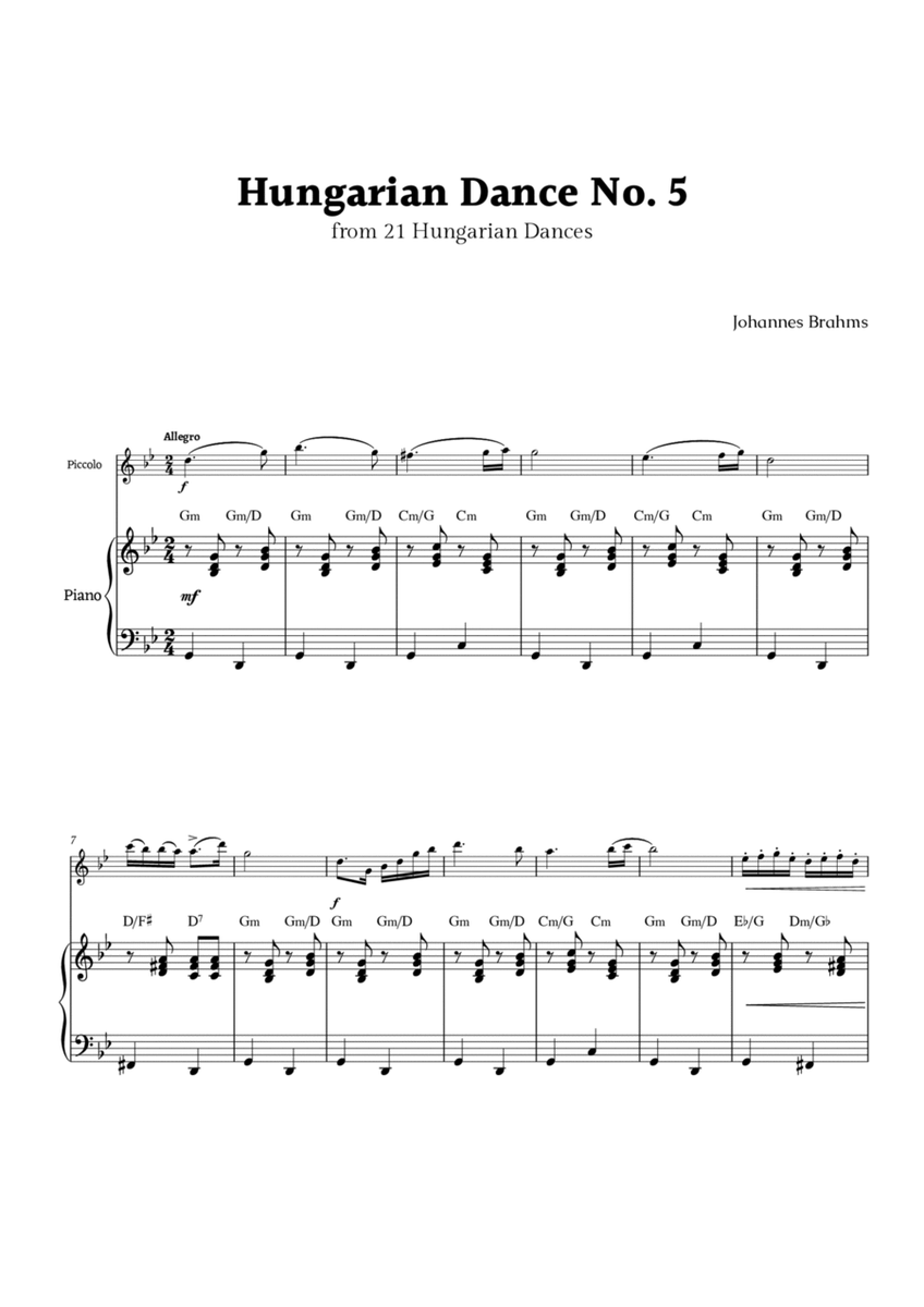 Hungarian Dance No. 5 by Brahms for Piccolo and Piano image number null