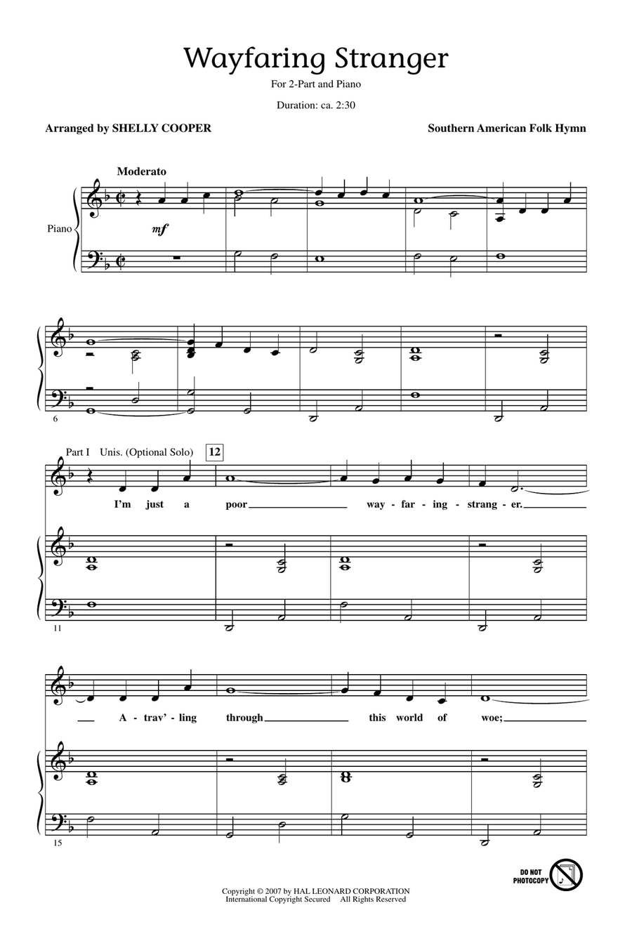 Wayfaring Stranger 2-Part - Digital Sheet Music