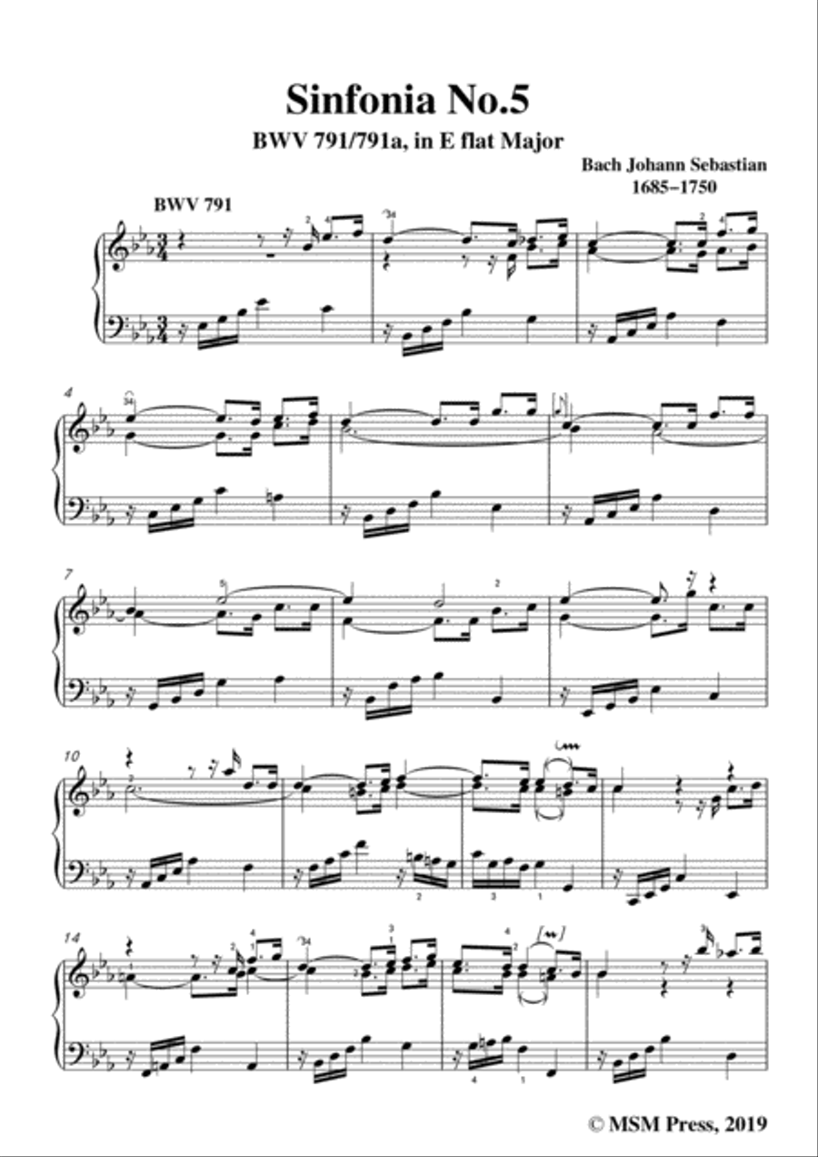 Bach,J.S.-Sinfonia No.5 BWV 791/791a in E flat Major,for Piano