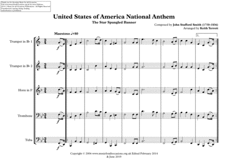 United States of America National Anthem (The Star Spangled Banner) for Brass Quintet image number null