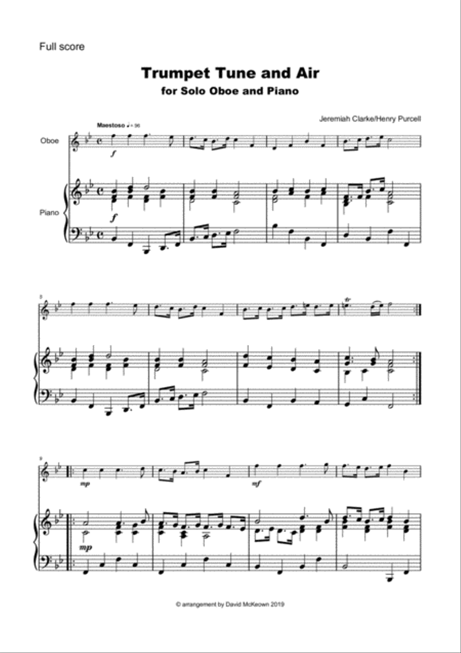 Trumpet Tune and Air, by Purcell; for solo Oboe and Piano