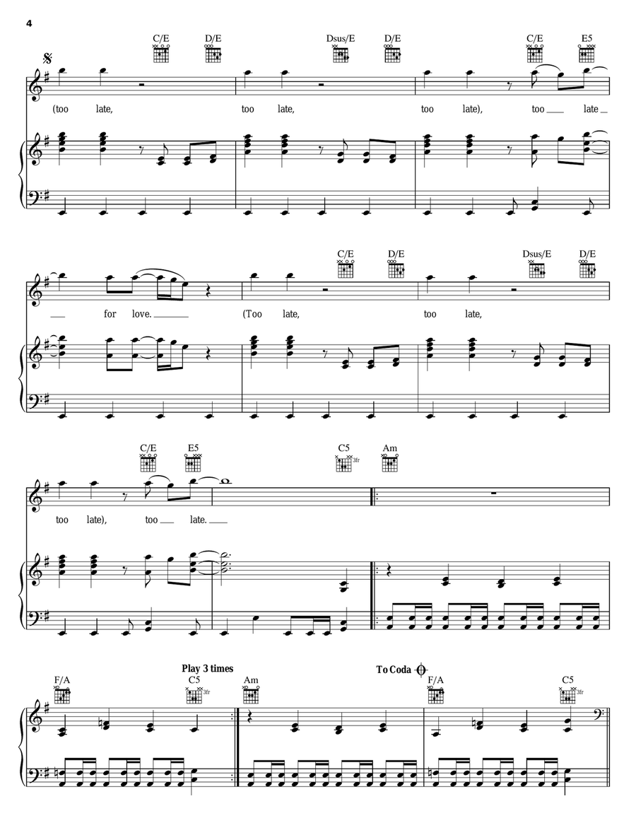 Too Late For Love Too Late For Love Piano, Vocal, Guitar scores gallery preview page 4