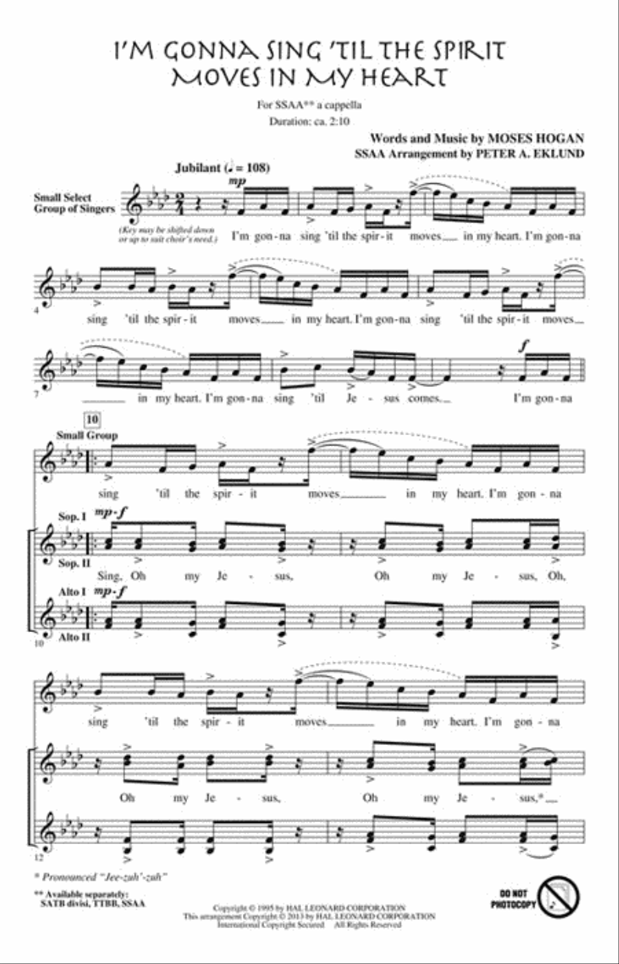 I'm Gonna Sing 'Til the Spirit Moves in My Heart SSAA scores gallery preview page 2