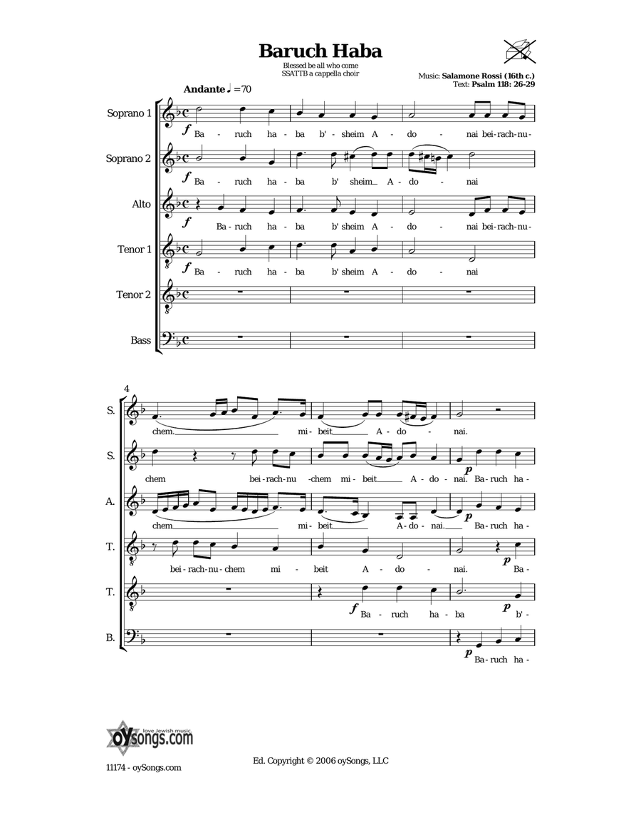 Baruch Haba (Blessed be all who come) SSA scores gallery preview page 1