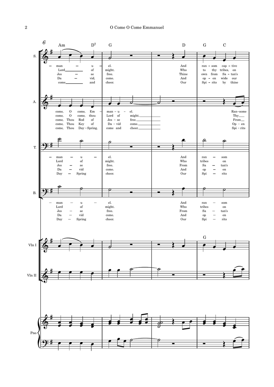 O Come O Come Emmanuel/I Heard the Voice of Jesus Say SATB, violin duet and piano 4-Part scores gallery preview page 2