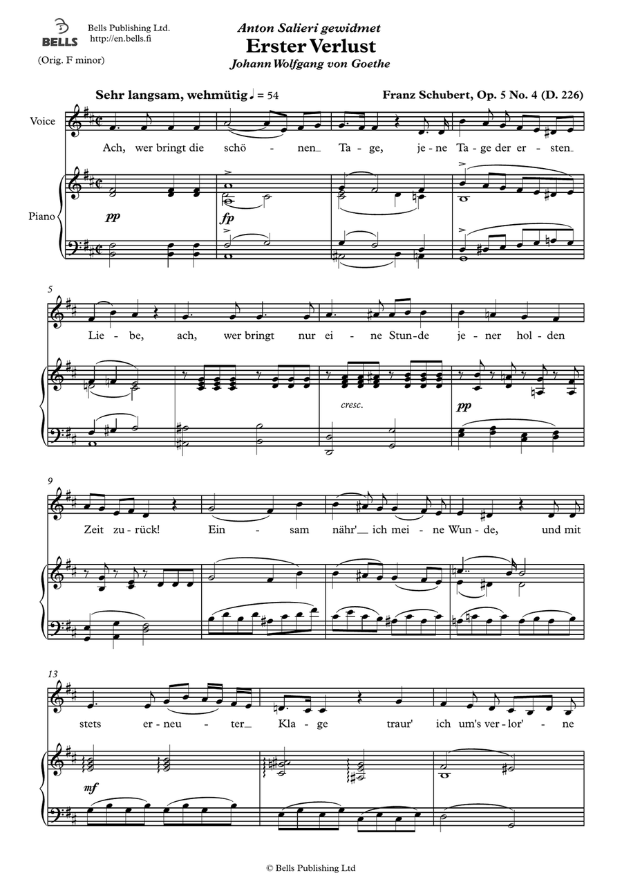 Erster Verlust, Op. 5 No. 4 (B minor) by Franz Schubert Voice Solo - Digital Sheet Music
