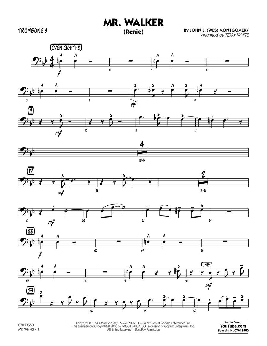 Mr. Walker (arr. Terry White) - Trombone 3 Jazz Ensemble scores gallery preview page 1