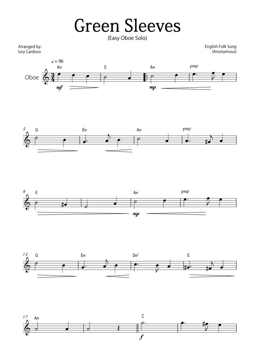 "Green Sleeves" - Beautiful easy version for OBOE SOLO. image number null