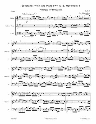 Bach: Sonata for Violin and Keyboard BWV 1015 movement 3 arranged for String Trio (Violin, Violin or