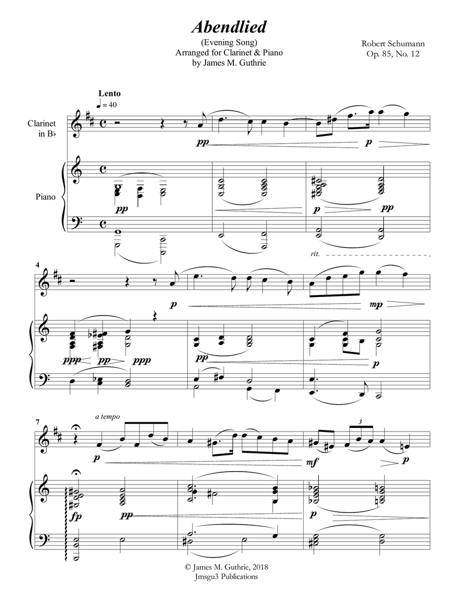Schumann: Abendlied for Clarinet & Piano B-Flat Clarinet scores gallery preview page 1
