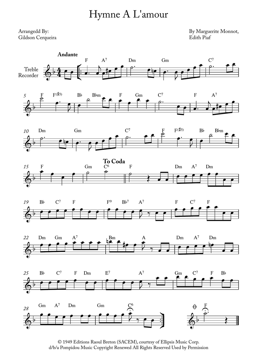 Hymne A L'amour Alto Recorder scores gallery preview page 1