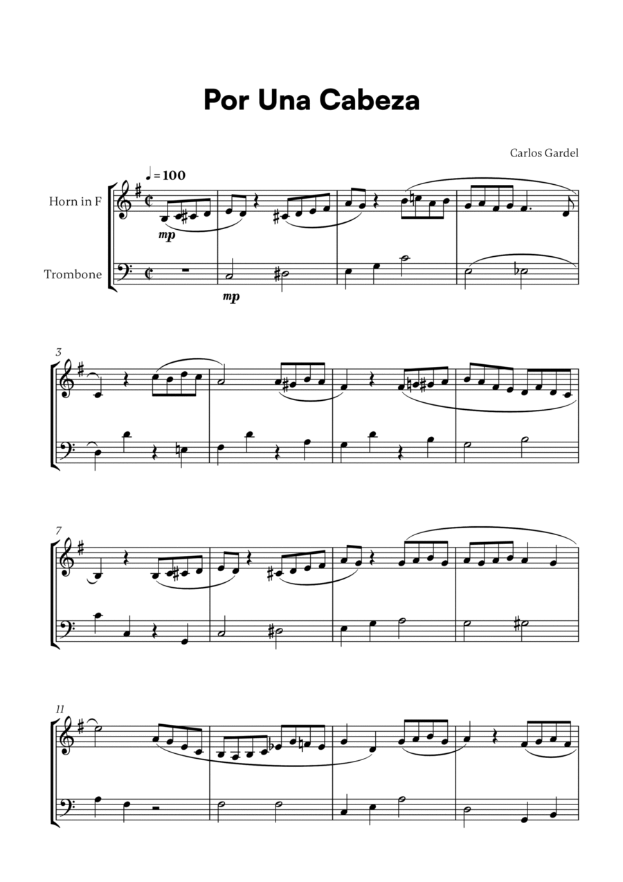 Carlos Gardel - Por Una Cabeza for French Horn and Trombone Brass Duet scores gallery preview page 1