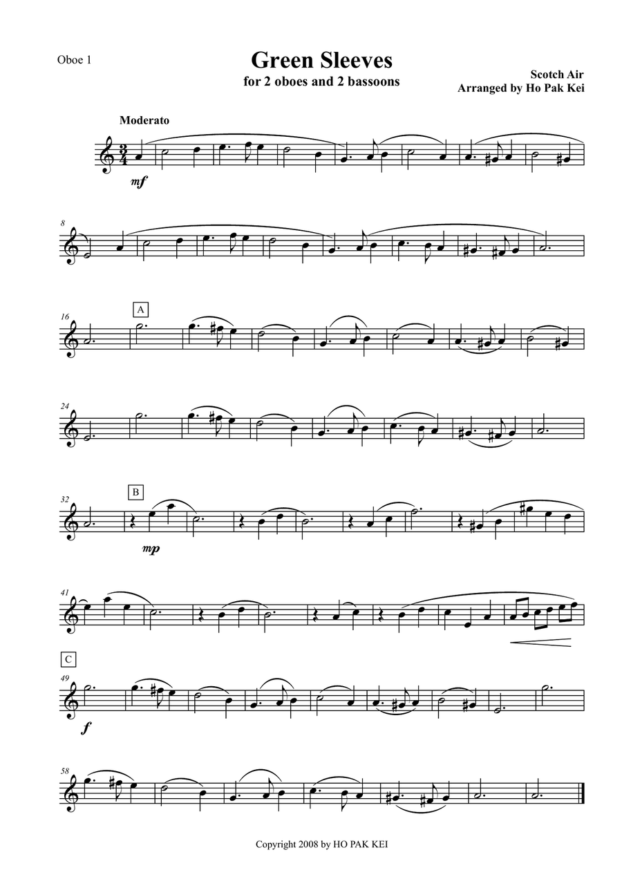 Green Sleeves for double reed quartet Bassoon scores gallery preview page 4