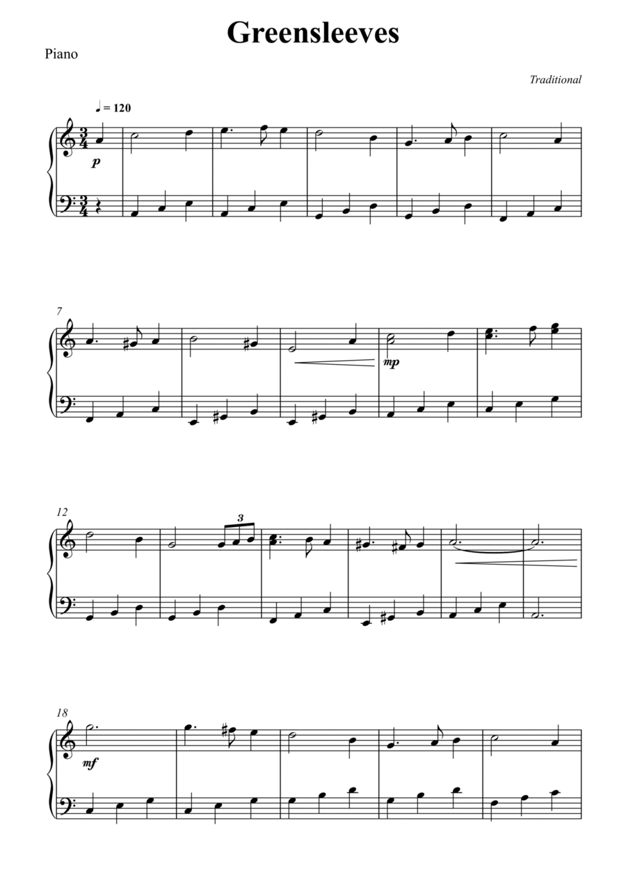 Greensleeves Greensleeves Piano Solo scores gallery preview page 1