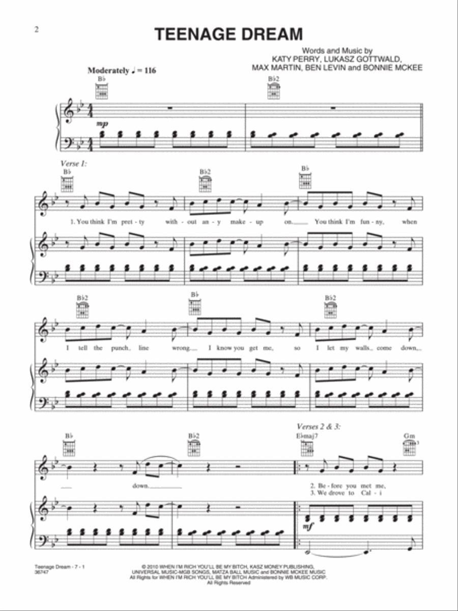 Teenage Dream Piano, Vocal, Guitar scores gallery preview page 1