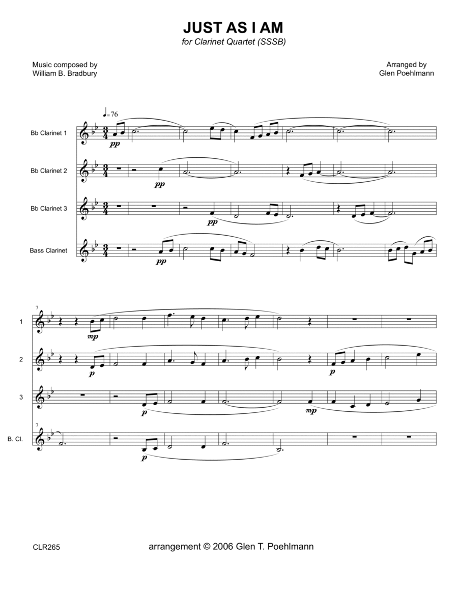 JUST AS I AM - CLARINET QUARTET (unaccompanied) Clarinet Quartet scores gallery preview page 1