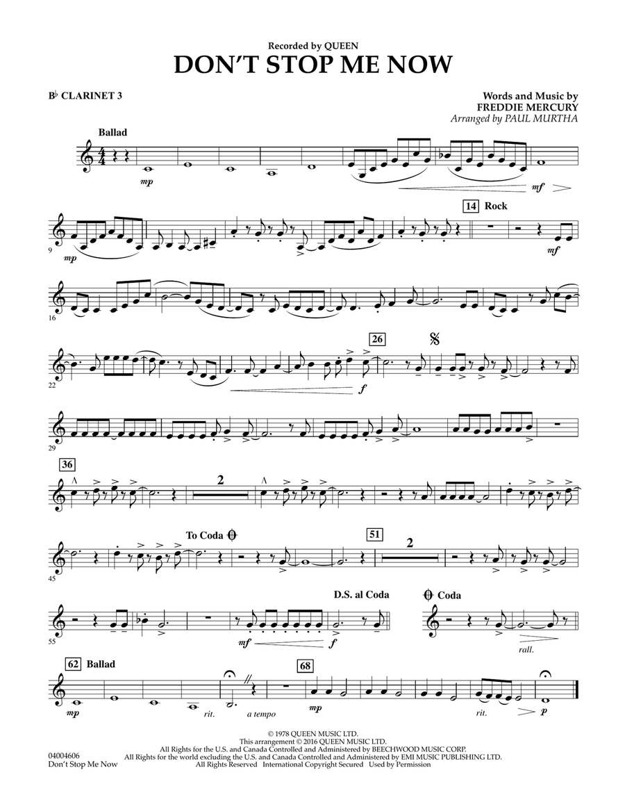 Don't Stop Me Now - Bb Clarinet 3 Concert Band scores gallery preview page 1