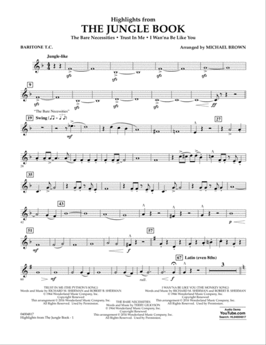 Highlights from The Jungle Book - Baritone T.C. Concert Band scores gallery preview page 1