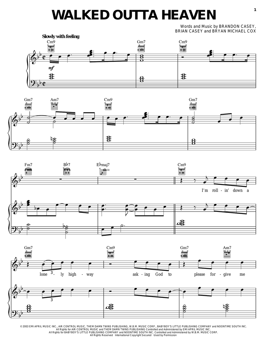 Walked Outta Heaven Piano, Vocal, Guitar scores gallery preview page 1
