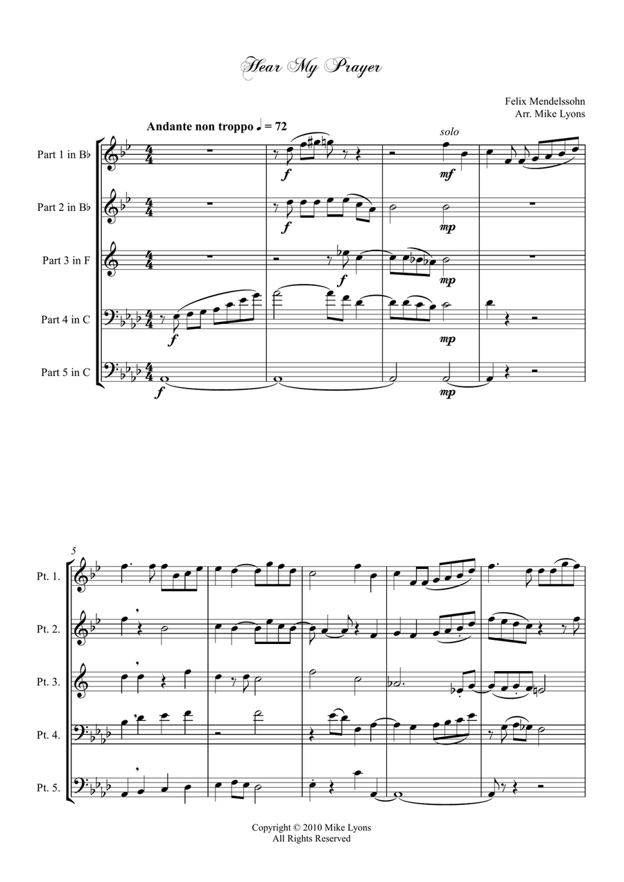 Brass Quintet - Mendelssohn - Hear My Prayer - O, For the Wings of a Dove Brass Quintet scores gallery preview page 3